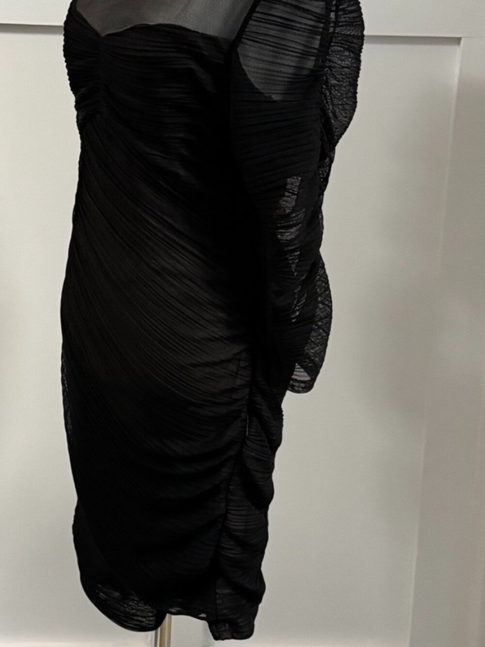 BCBGMAXAZRIA Danika Black Nude Mesh Ruched Dress, Size L, High Quality - Picture 4 of 10